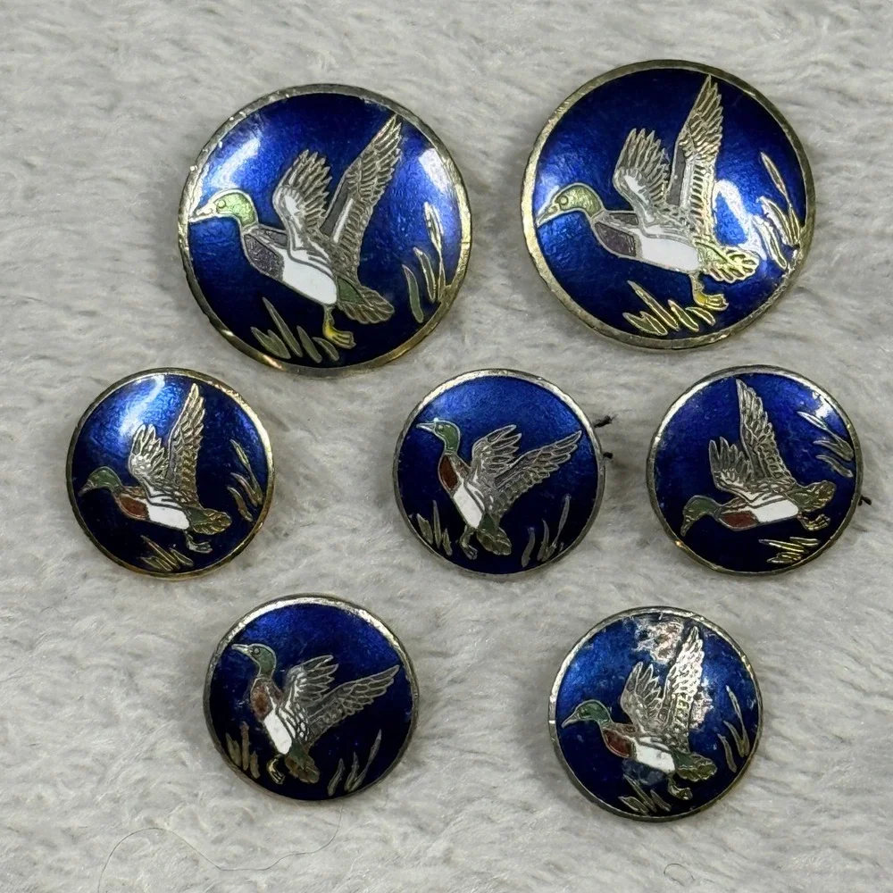 Blazer Buttons Blue Cloisonne Enamel Mallard Duck Set 7pc